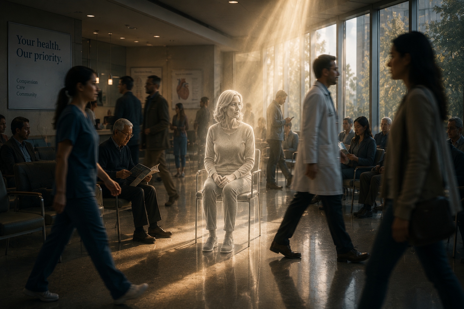The Invisible Patient — a menopausal woman sitting unseen in a busy hospital waiting room, surrounded by healthcare workers who pass her by