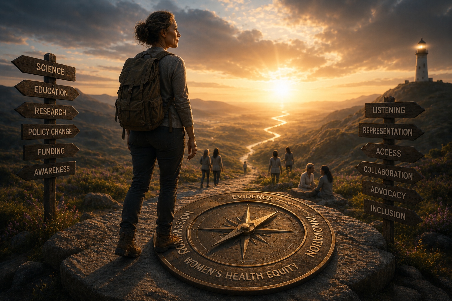 A woman stands at a compass engraved with Women's Health Equity, surrounded by signposts for Science, Education, Research, Evidence, Innovation and Access — a beacon guiding women toward informed healthcare